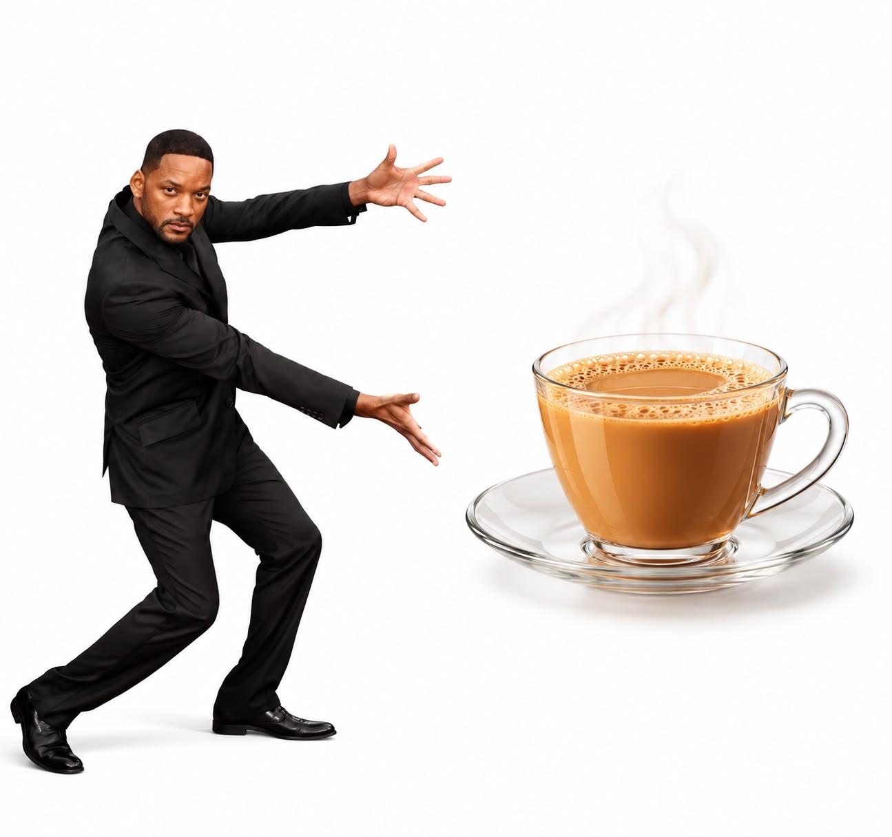 A man in a black suit presenting a steaming cup of chai